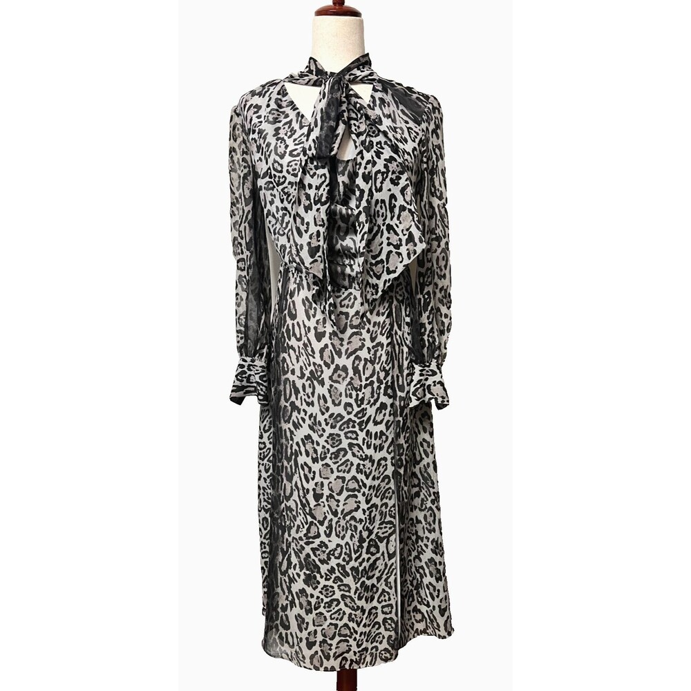 Zendaya x Tommy Hilfiger Sz 4 Leopard Sheer Midi Dress Tie Cowl Neck Grey Black